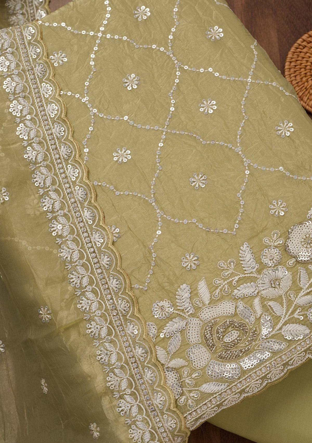 Pista Green Zariwork Semi Crepe Unstitched Salwar Suit-Koskii
