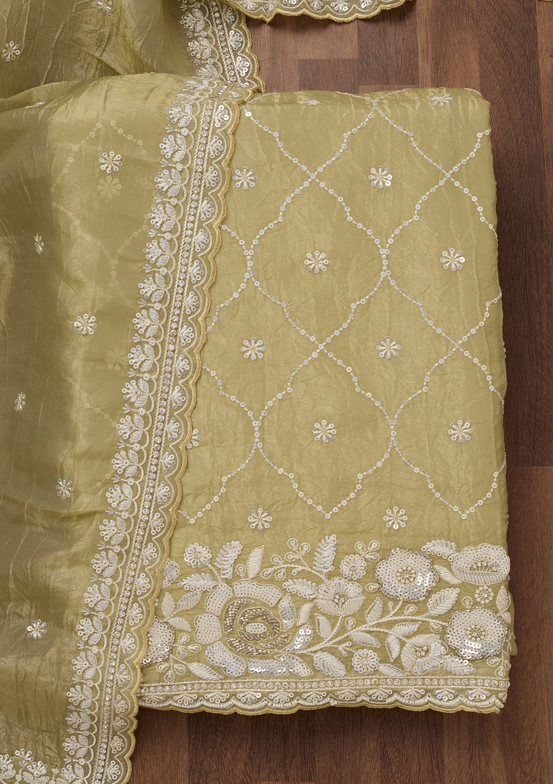 Pista Green Zariwork Semi Crepe Unstitched Salwar Suit-Koskii