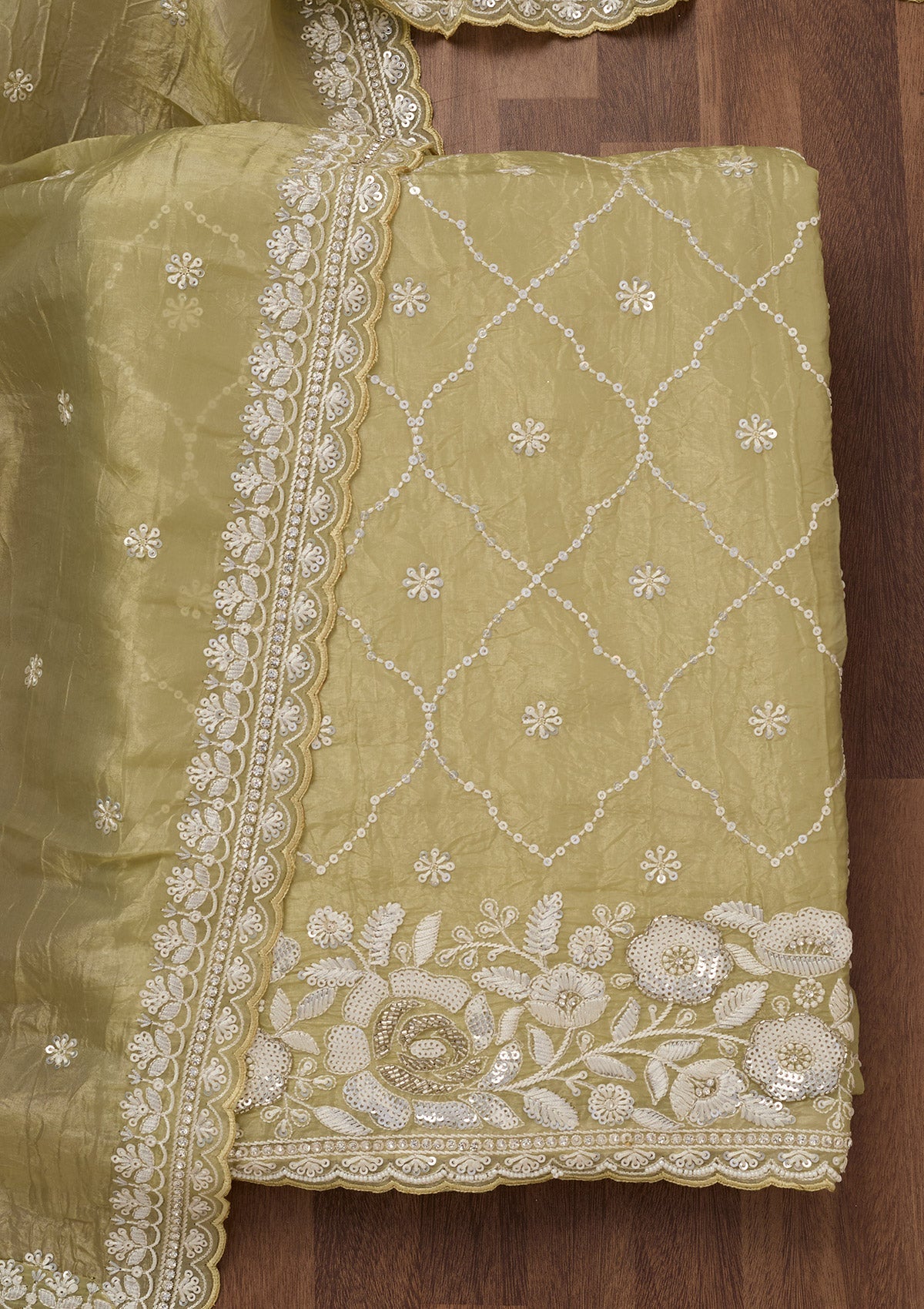 Pista Green Zariwork Semi Crepe Unstitched Salwar Suit-Koskii