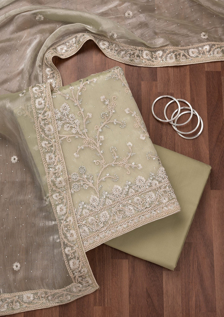 Pista Green Zariwork Semi Crepe Unstitched Salwar Suit-Koskii