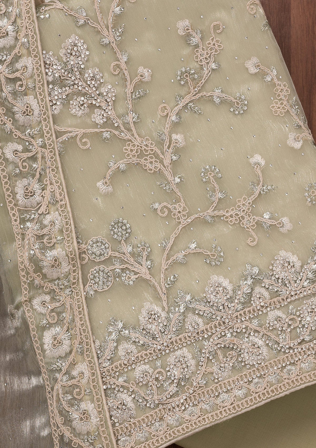 Pista Green Zariwork Semi Crepe Unstitched Salwar Suit-Koskii