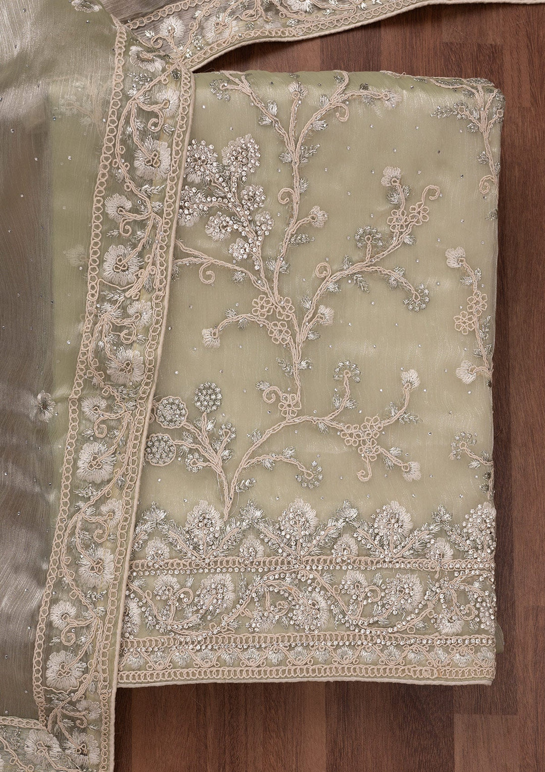 Pista Green Zariwork Semi Crepe Unstitched Salwar Suit-Koskii