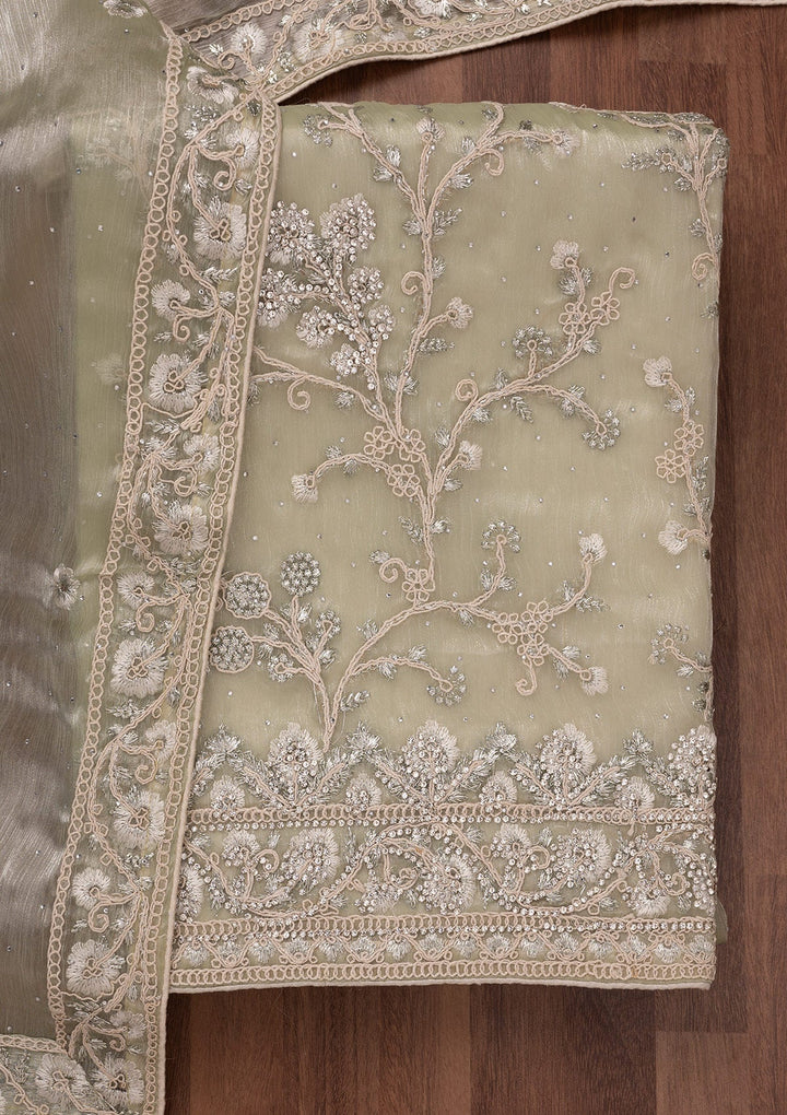 Pista Green Zariwork Semi Crepe Unstitched Salwar Suit-Koskii