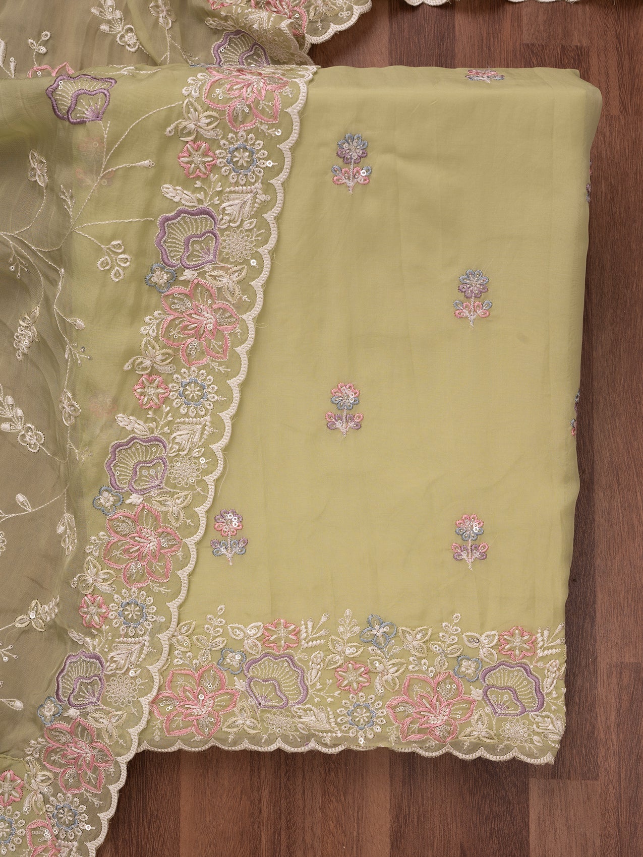 Pista Green Zariwork Semi Crepe Unstitched Salwar Suit-Koskii