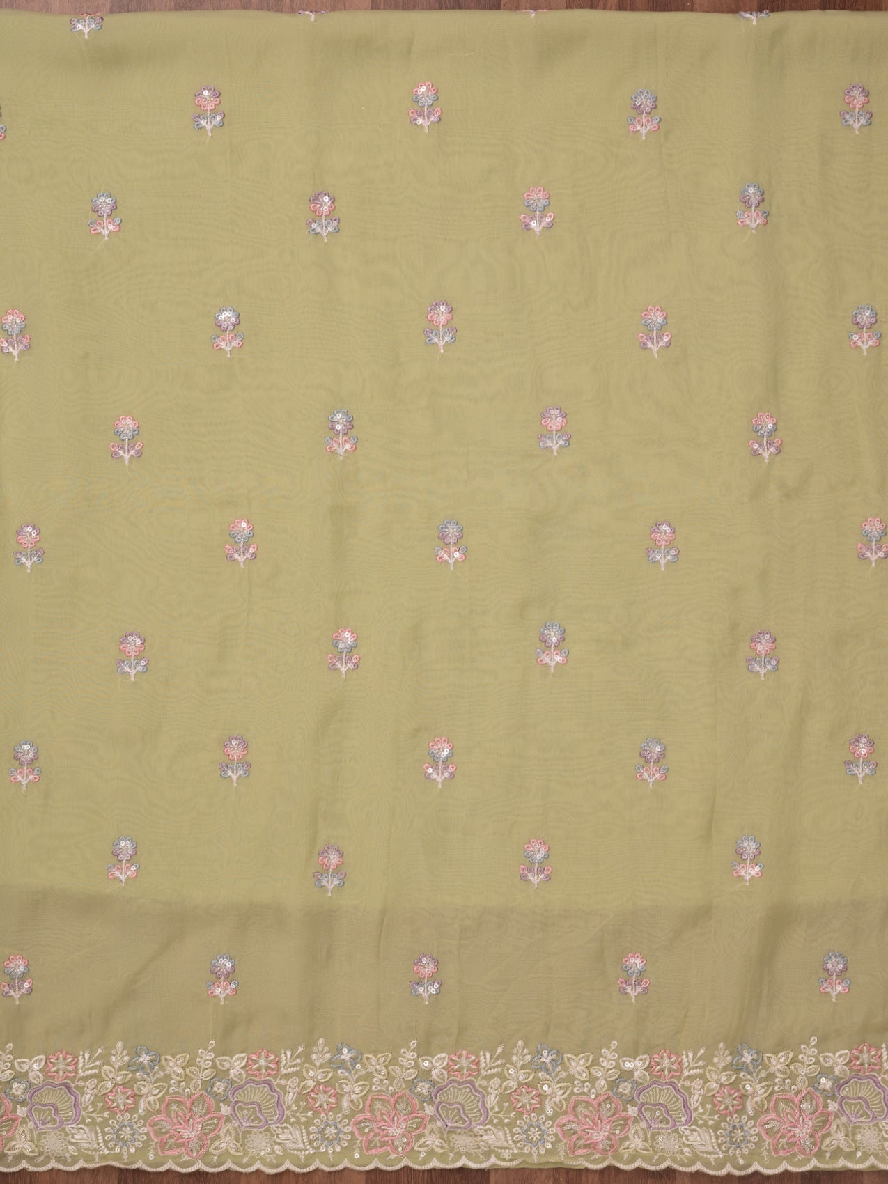 Pista Green Zariwork Semi Crepe Unstitched Salwar Suit-Koskii