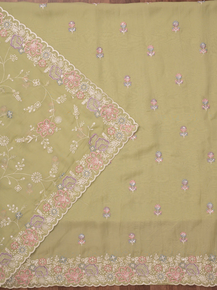 Pista Green Zariwork Semi Crepe Unstitched Salwar Suit-Koskii