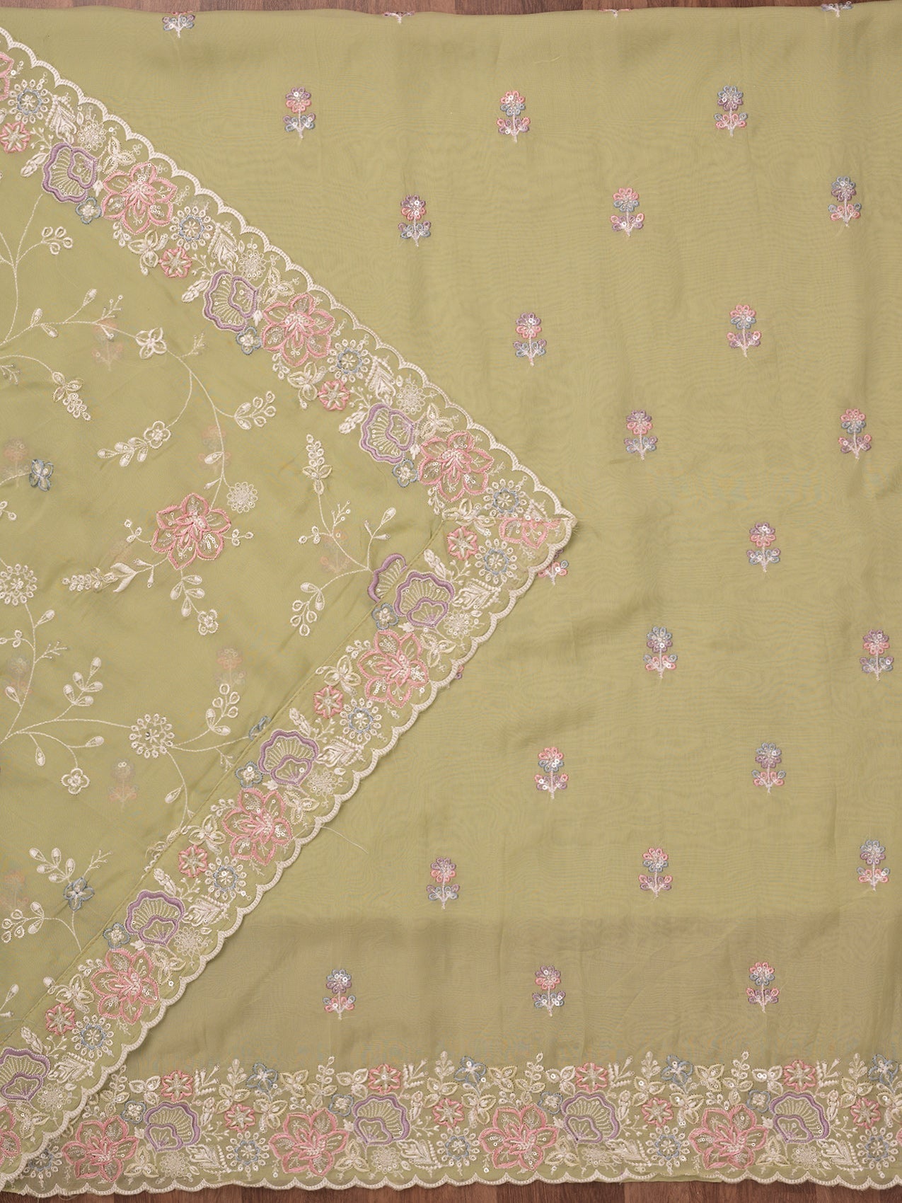 Pista Green Zariwork Semi Crepe Unstitched Salwar Suit-Koskii