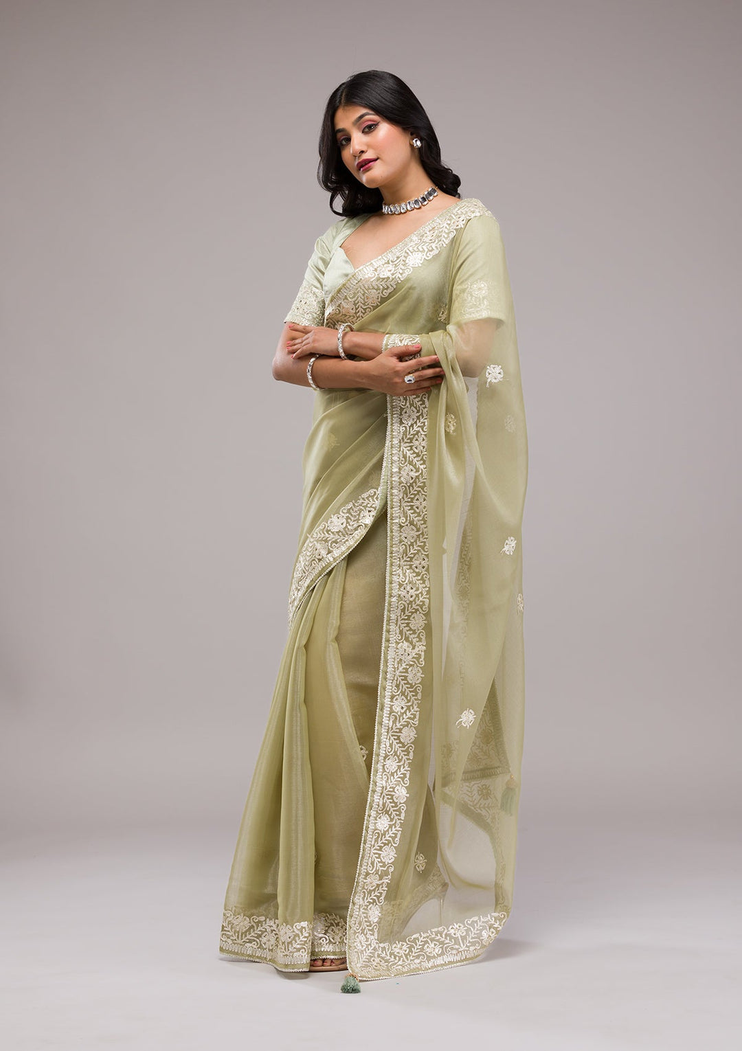 Pista Green Zariwork Semi Crepe Saree-Koskii