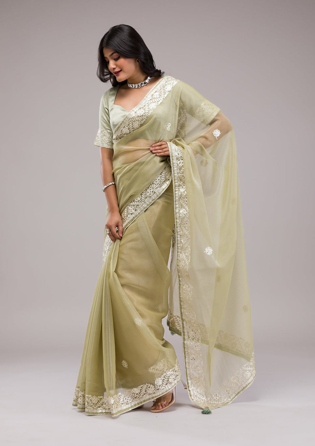 Pista Green Zariwork Semi Crepe Saree-Koskii