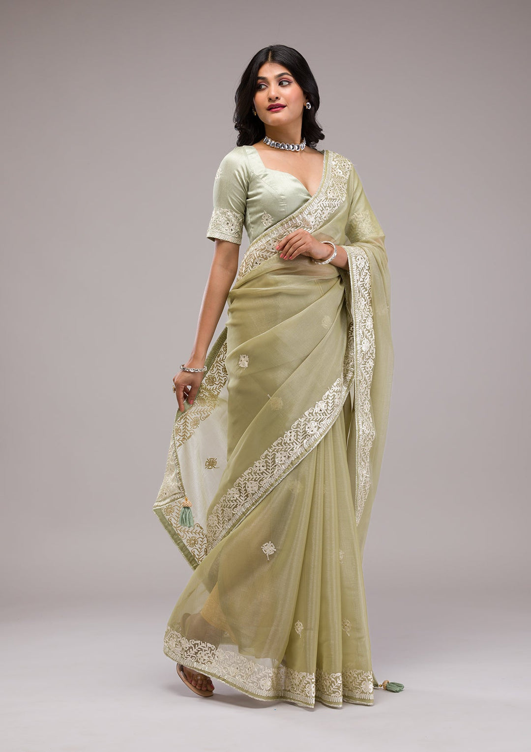 Pista Green Zariwork Semi Crepe Saree-Koskii