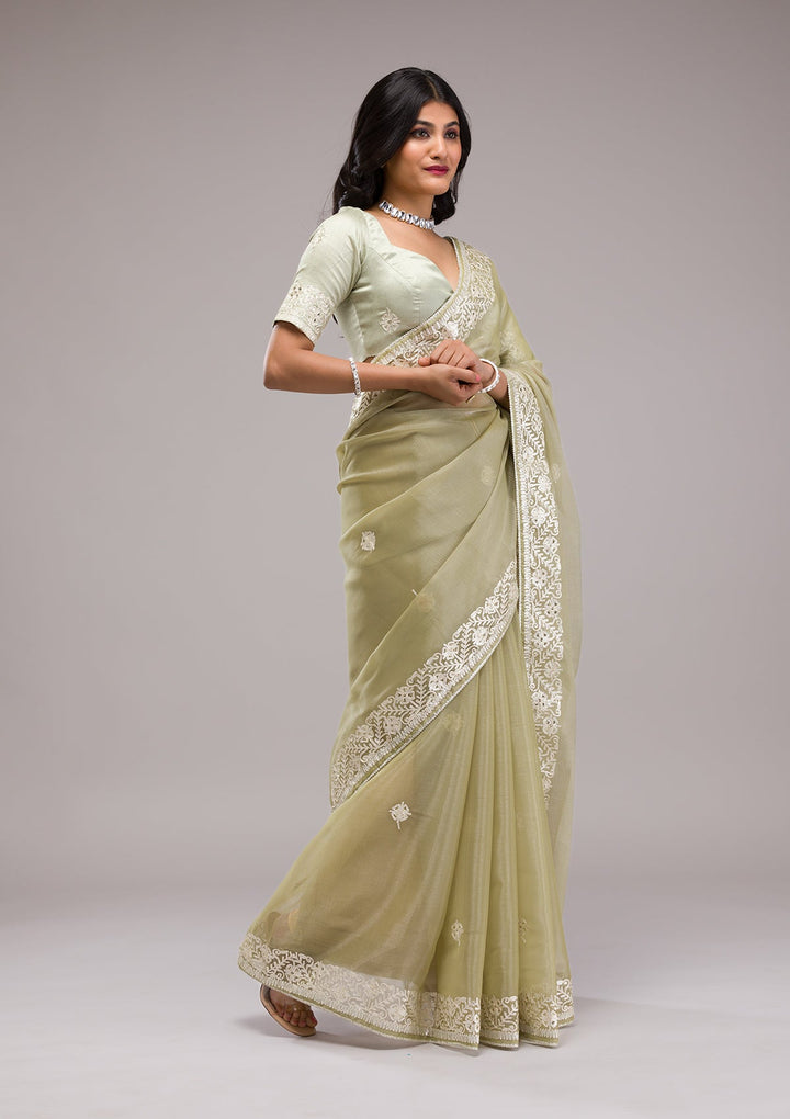 Pista Green Zariwork Semi Crepe Saree-Koskii