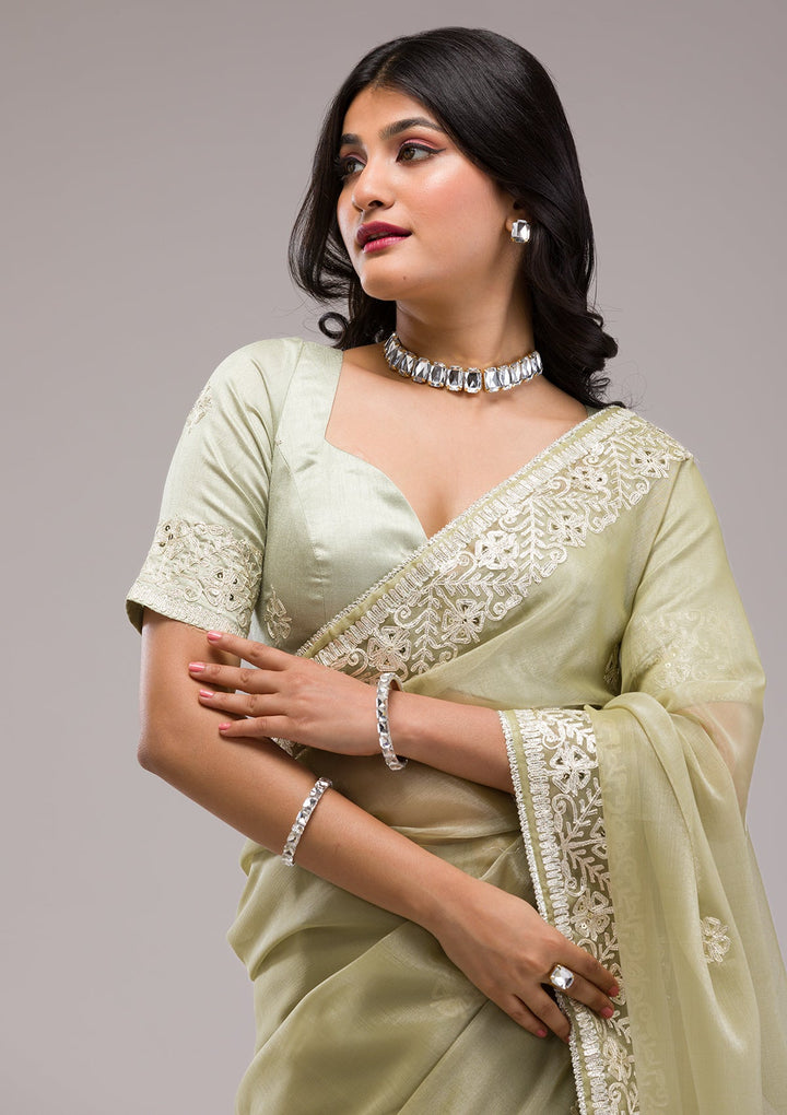 Pista Green Zariwork Semi Crepe Saree-Koskii
