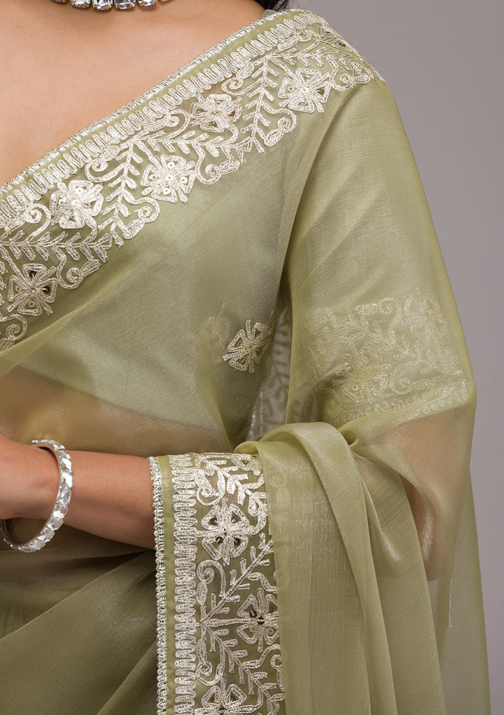 Pista Green Zariwork Semi Crepe Saree-Koskii