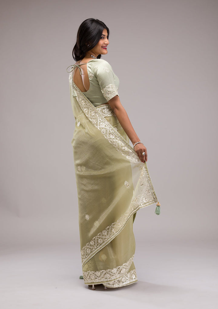Pista Green Zariwork Semi Crepe Saree-Koskii