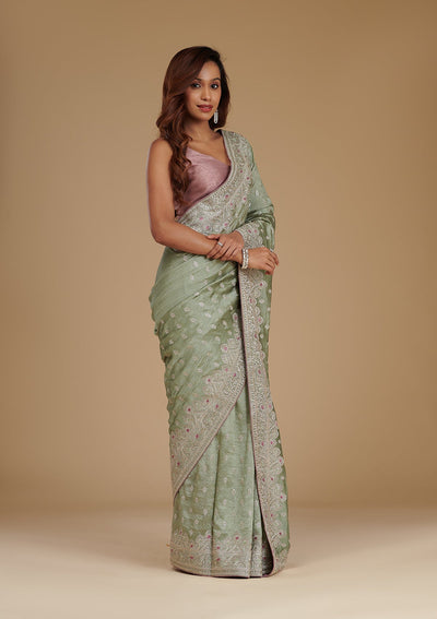 Pista Green Zariwork Silk Saree-Koskii