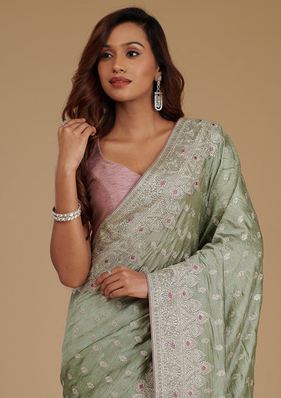 Pista Green Zariwork Silk Saree-Koskii