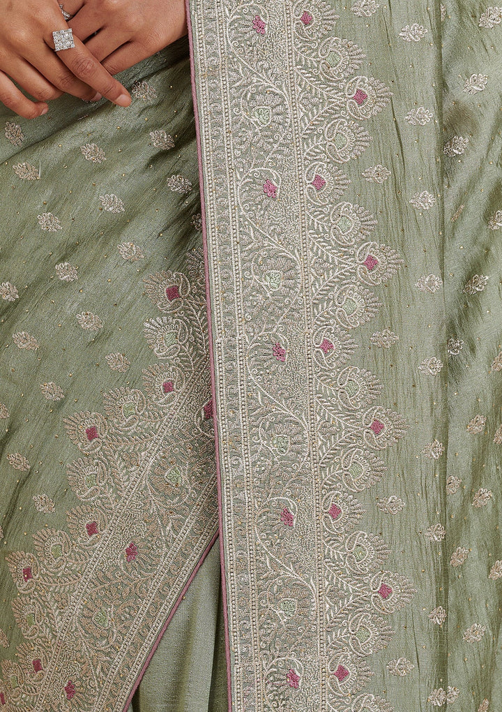 Pista Green Zariwork Silk Saree-Koskii
