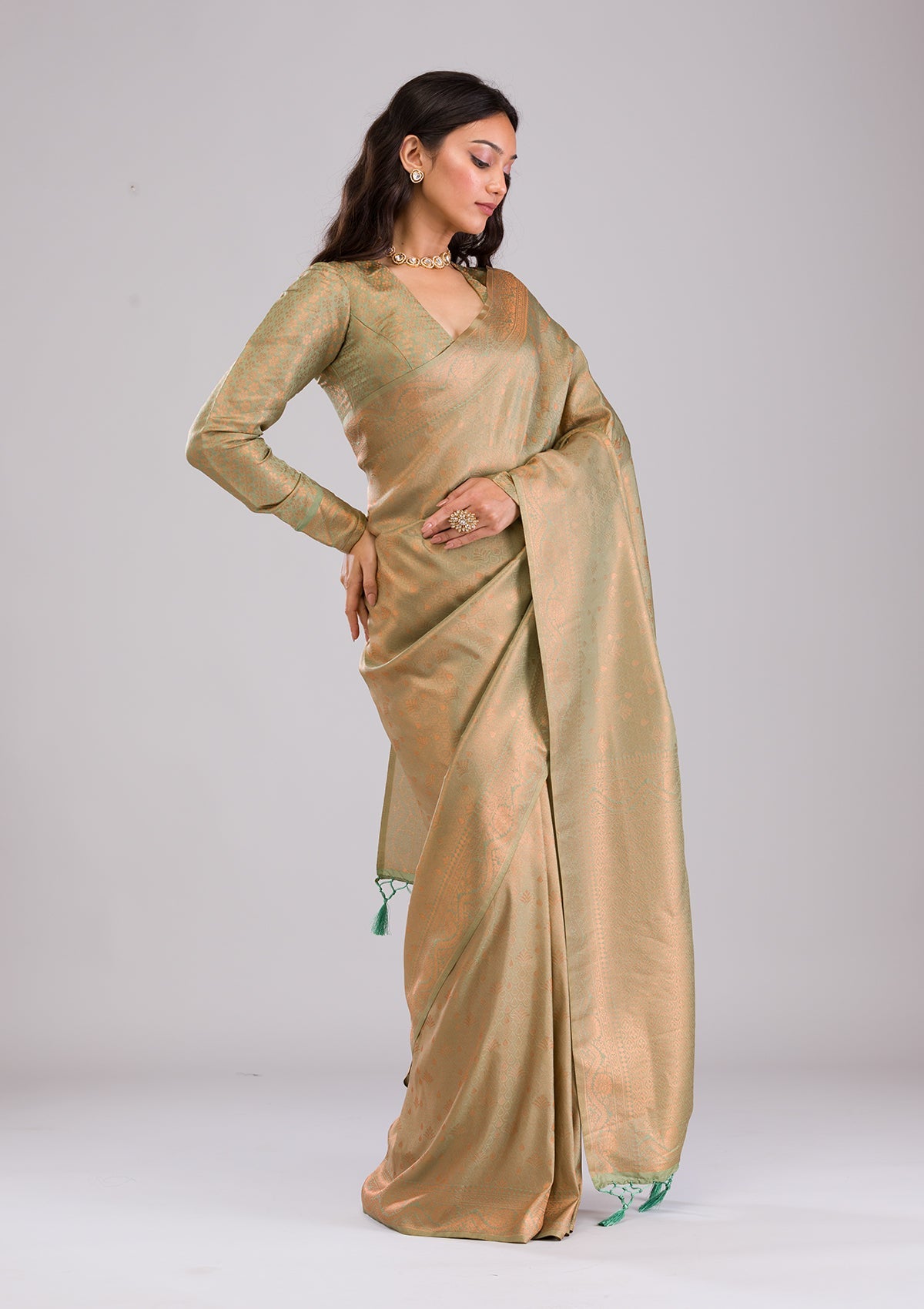 Pista Green Zariwork Soft Silk Saree-Koskii