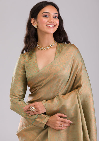 Pista Green Zariwork Soft Silk Saree-Koskii