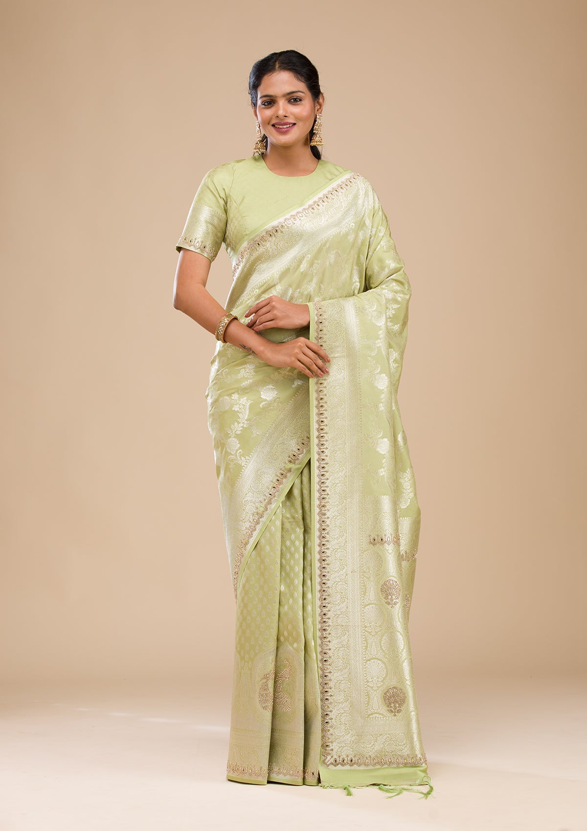 Pista Green Zariwork Soft Silk Saree