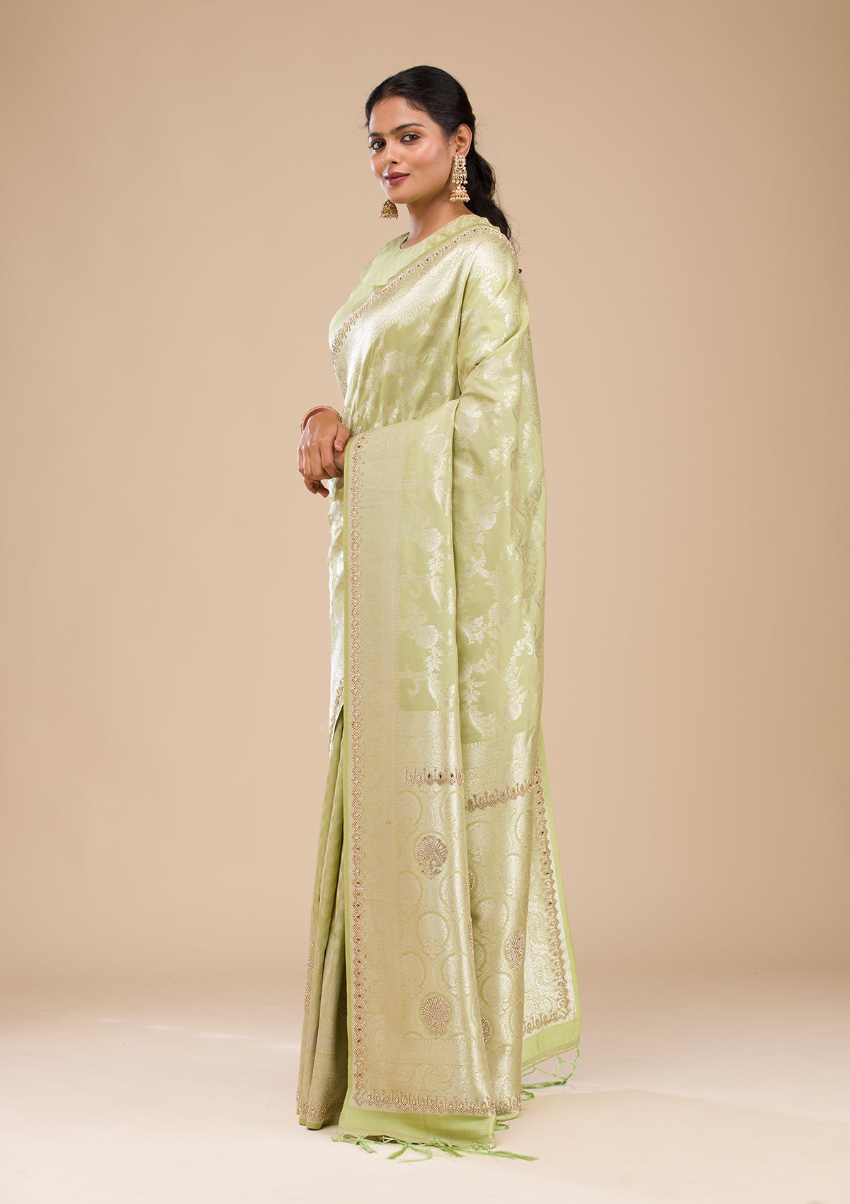 Pista Green Zariwork Soft Silk Saree