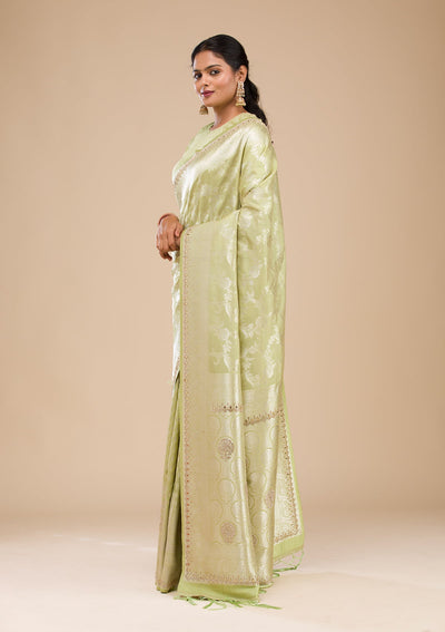 Pista Green Zariwork Soft Silk Saree