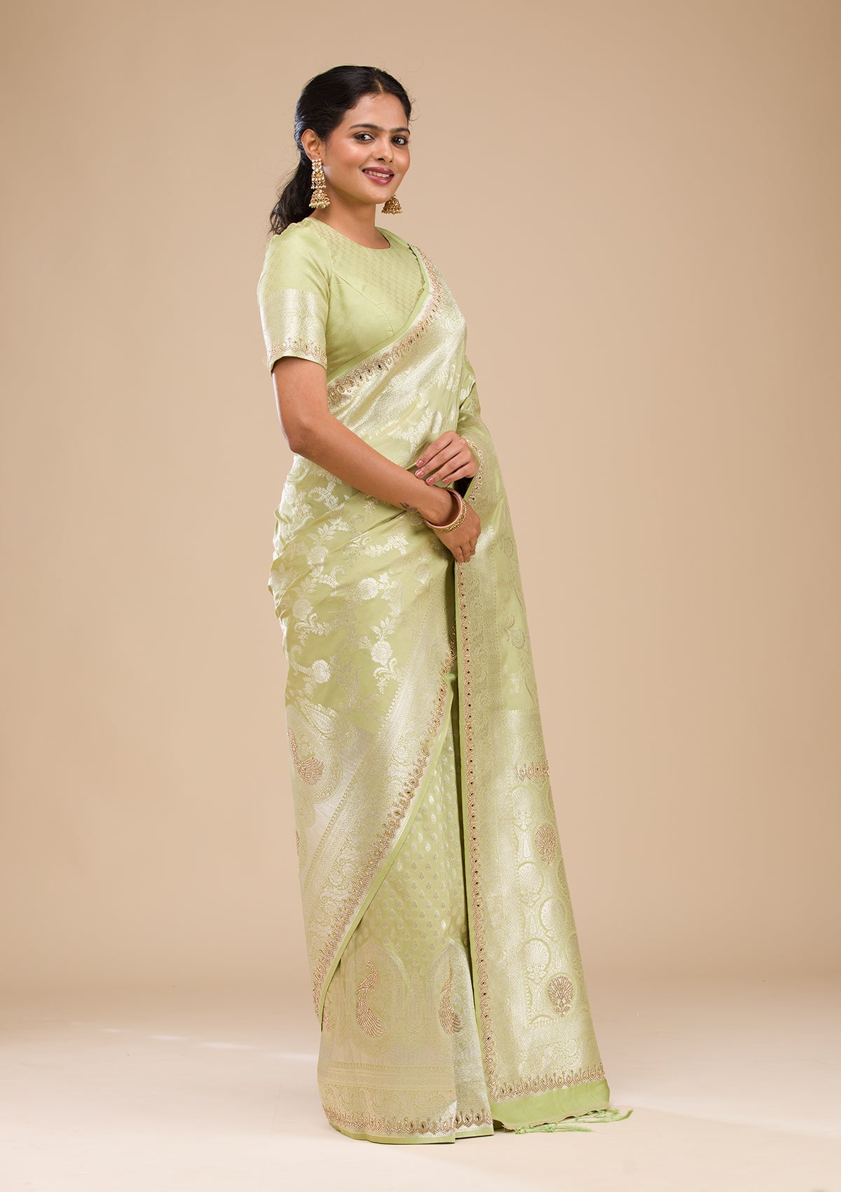 Pista Green Zariwork Soft Silk Saree