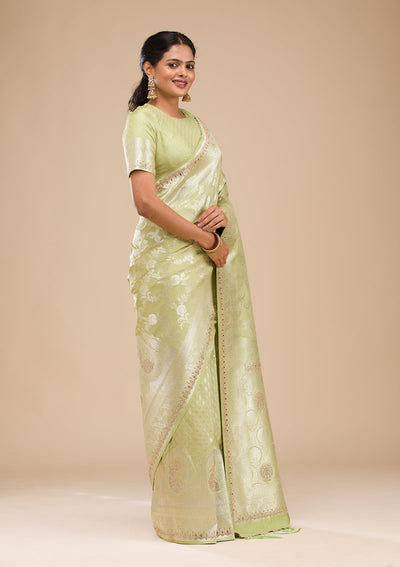 Pista Green Zariwork Soft Silk Saree