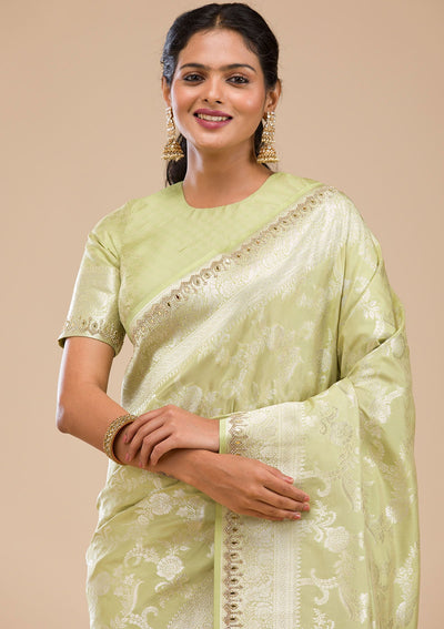 Pista Green Zariwork Soft Silk Saree