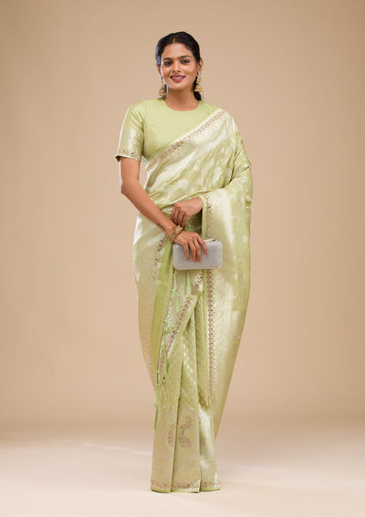 Pista Green Zariwork Soft Silk Saree