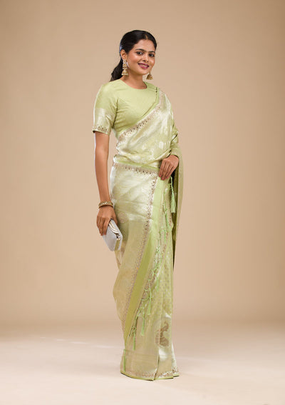Pista Green Zariwork Soft Silk Saree