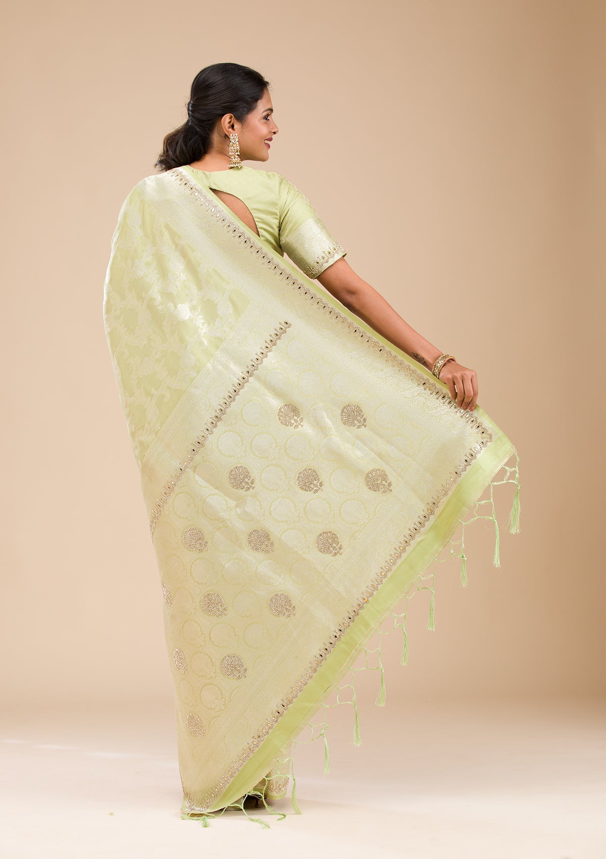 Pista Green Zariwork Soft Silk Saree