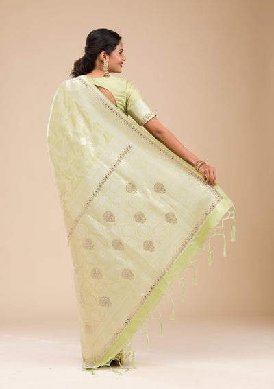 Pista Green Zariwork Soft Silk Saree