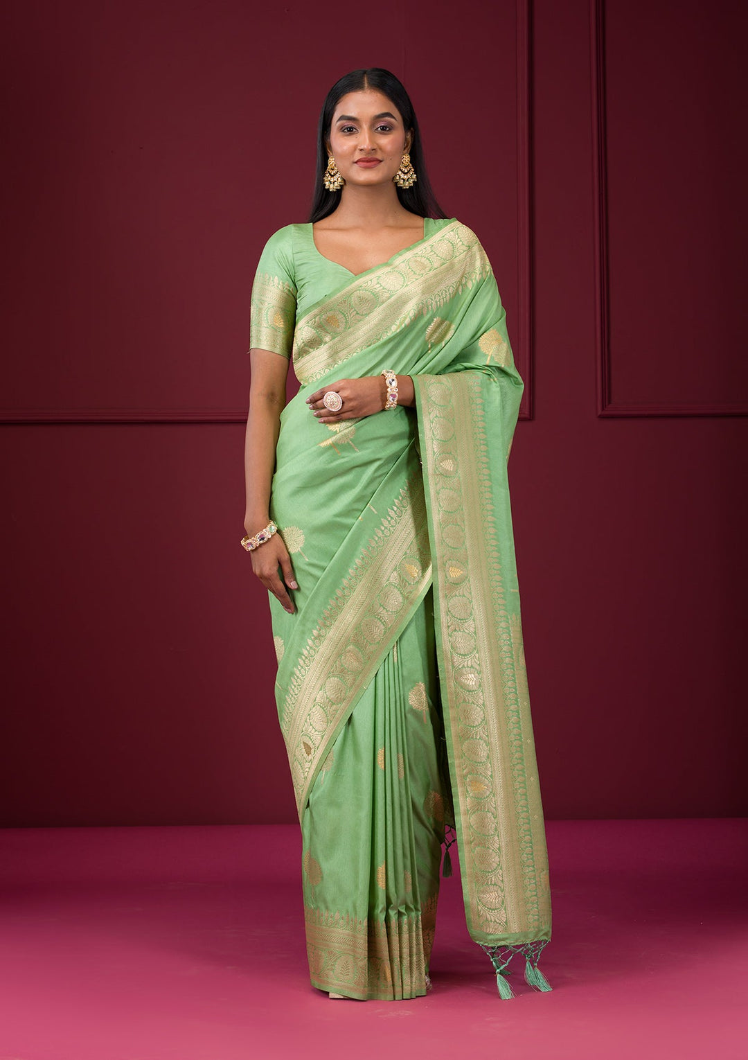 Pista Green Zariwork Soft Silk Saree-Koskii
