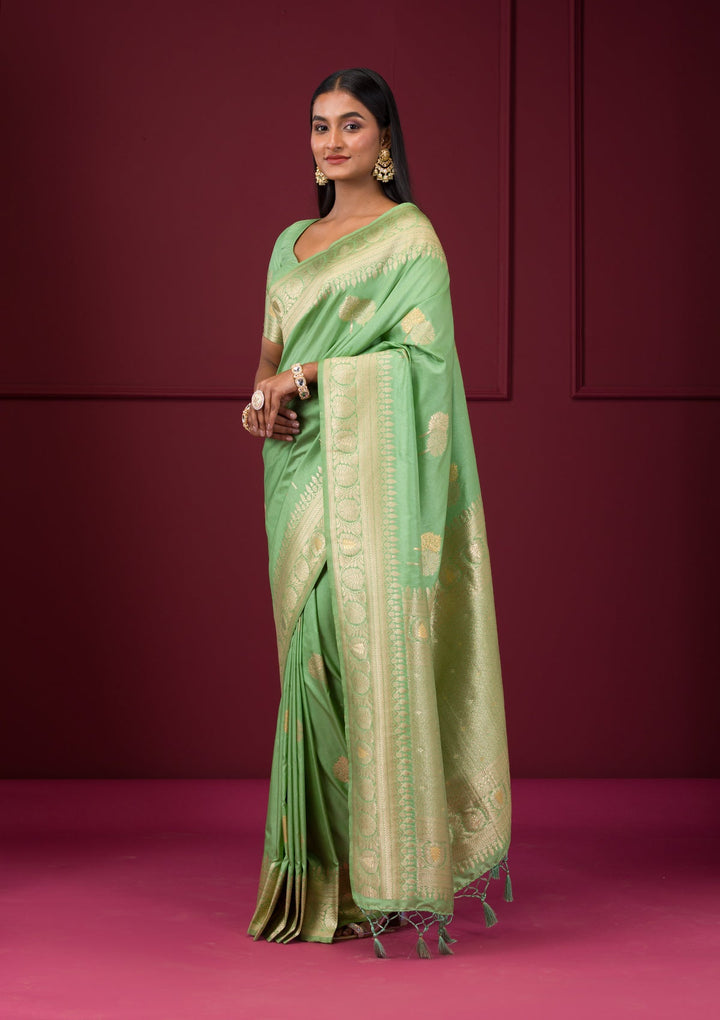 Pista Green Zariwork Soft Silk Saree-Koskii