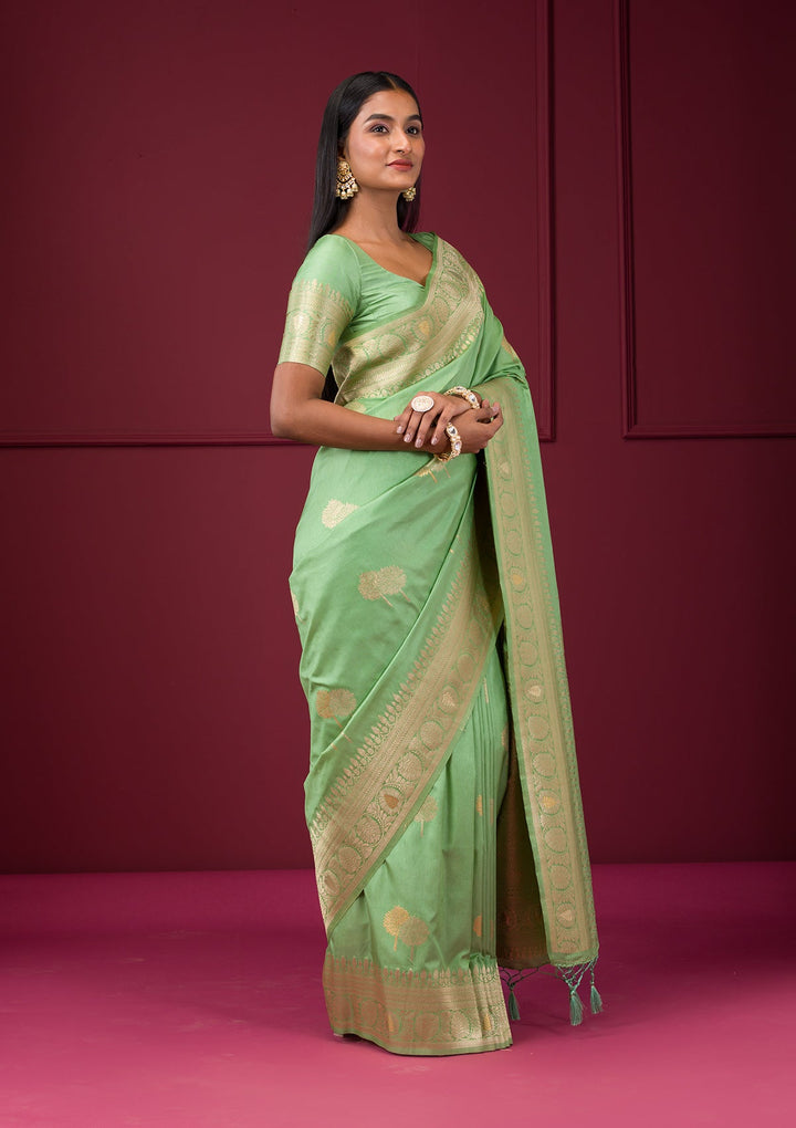 Pista Green Zariwork Soft Silk Saree-Koskii