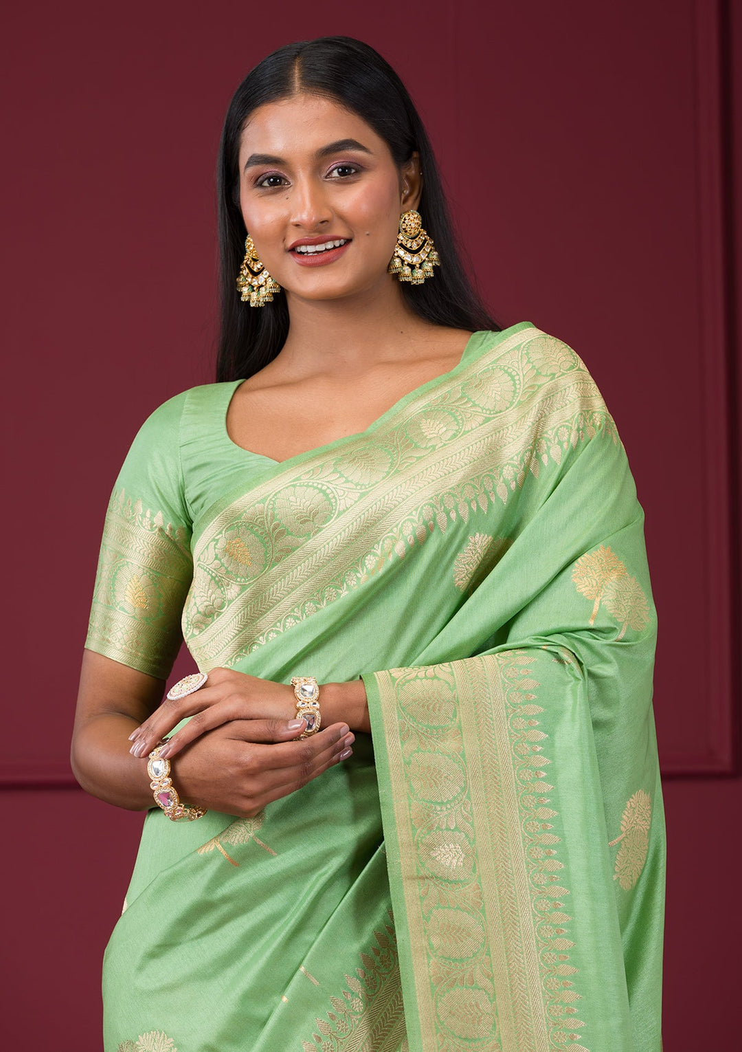 Pista Green Zariwork Soft Silk Saree-Koskii