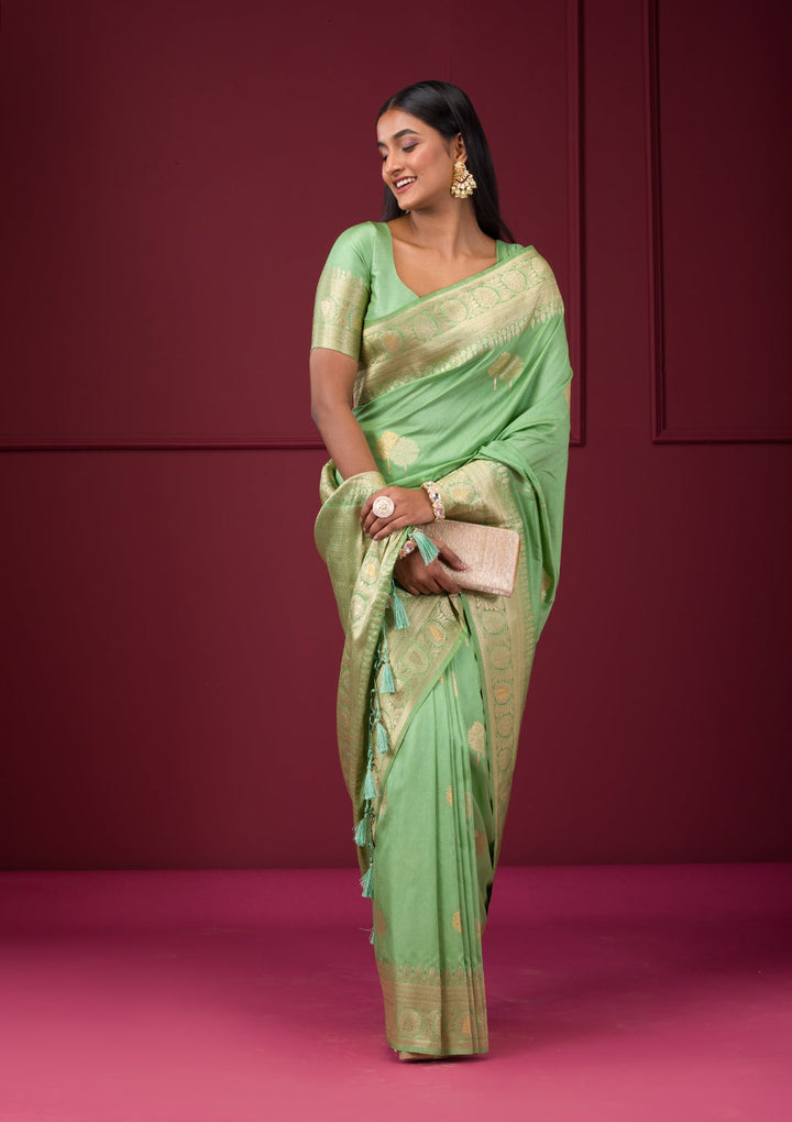 Pista Green Zariwork Soft Silk Saree-Koskii