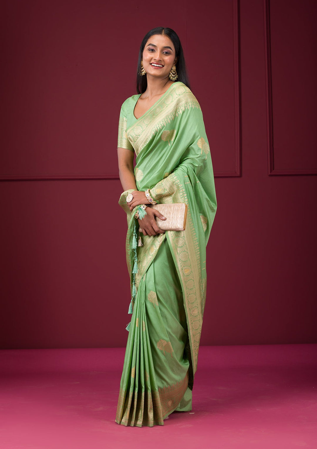 Pista Green Zariwork Soft Silk Saree-Koskii