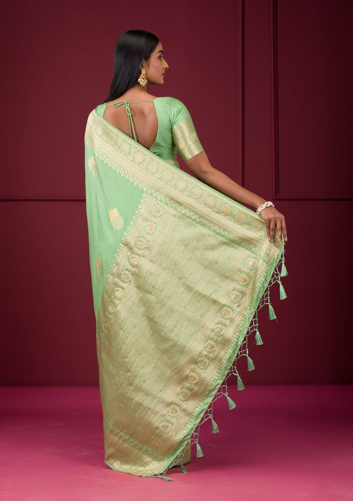 Pista Green Zariwork Soft Silk Saree-Koskii