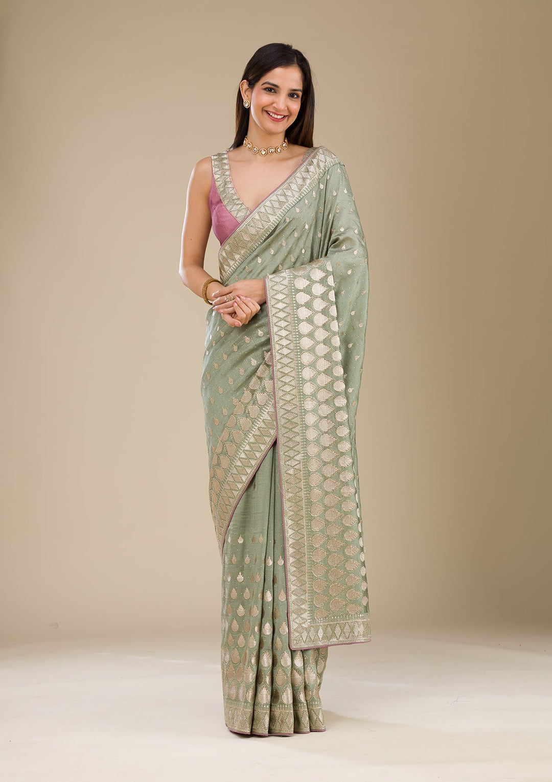Pista Green Zariwork Soft Silk Saree-Koskii