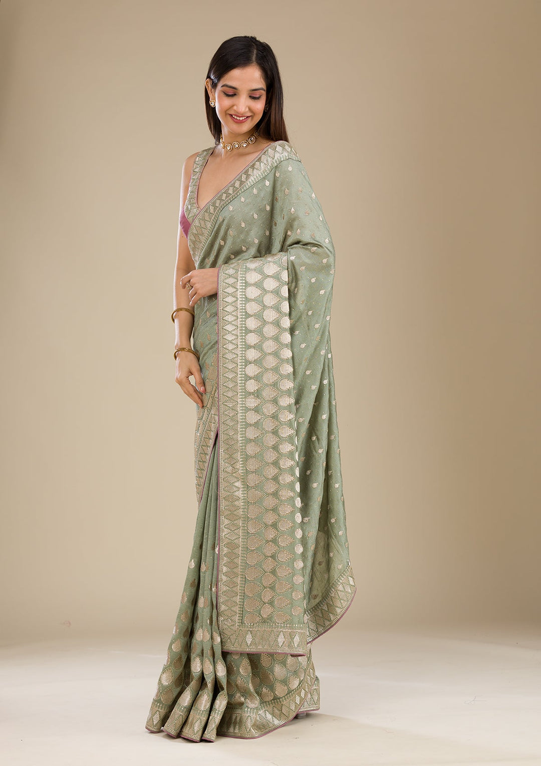 Pista Green Zariwork Soft Silk Saree-Koskii