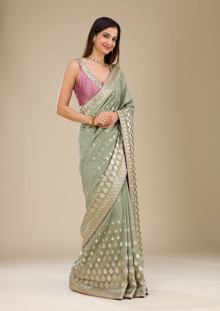 Pista Green Zariwork Soft Silk Saree-Koskii