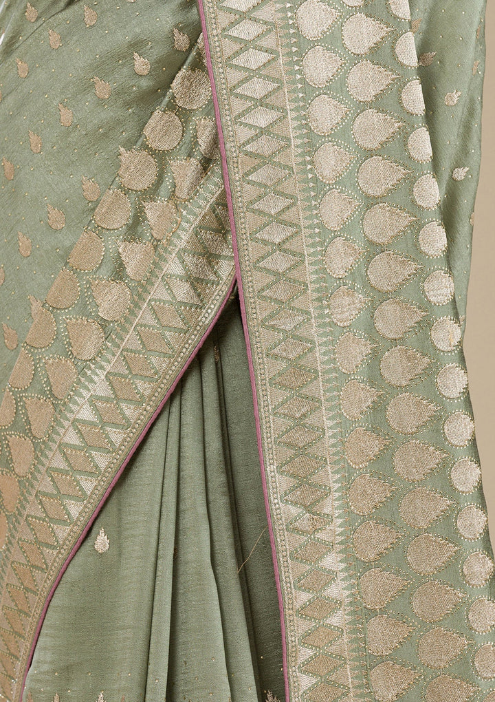 Pista Green Zariwork Soft Silk Saree-Koskii