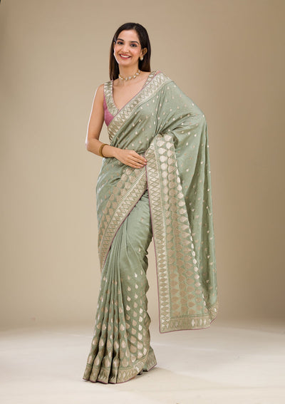 Pista Green Zariwork Soft Silk Saree-Koskii