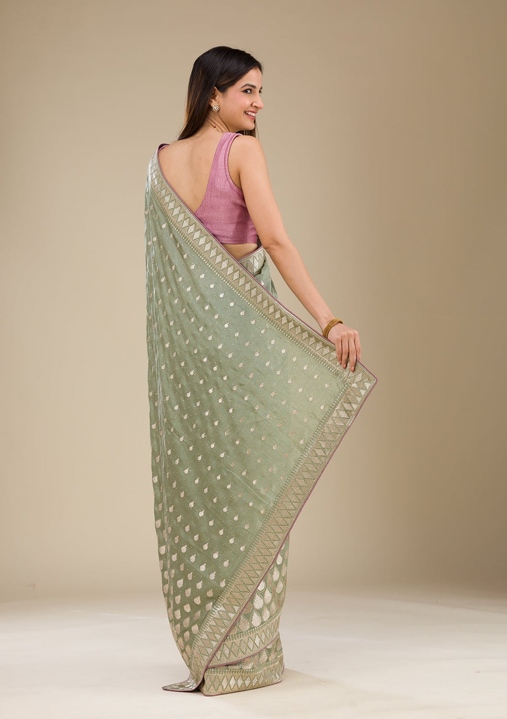 Pista Green Zariwork Soft Silk Saree-Koskii