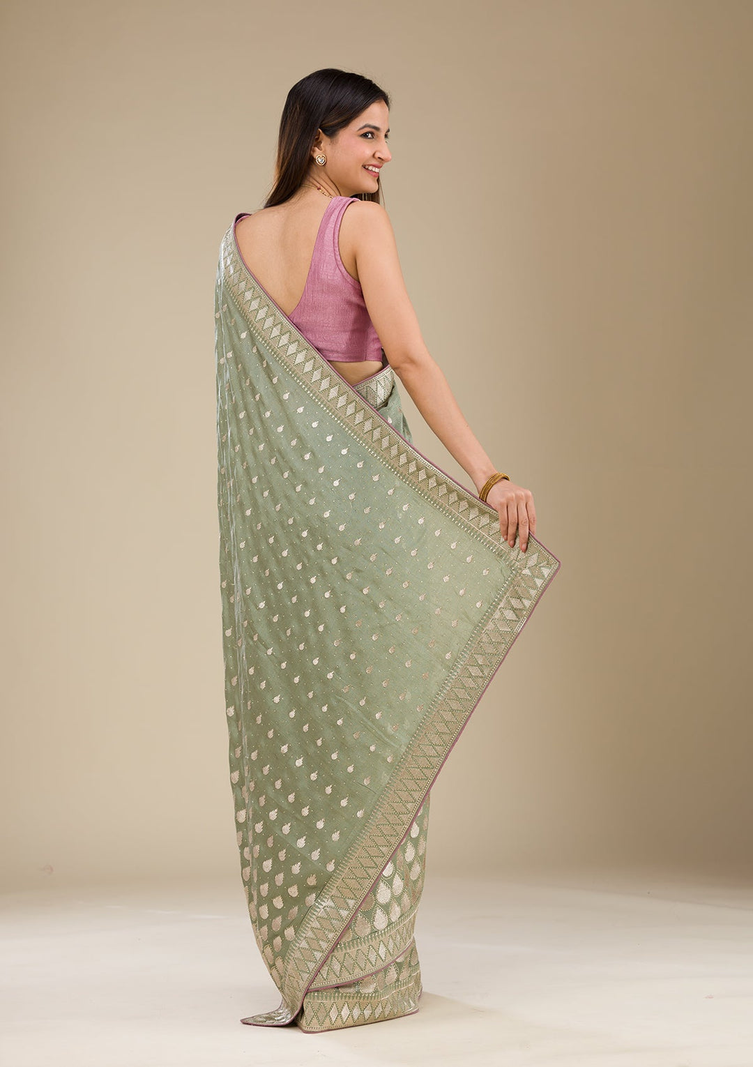 Pista Green Zariwork Soft Silk Saree-Koskii