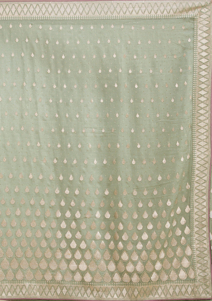 Pista Green Zariwork Soft Silk Saree-Koskii