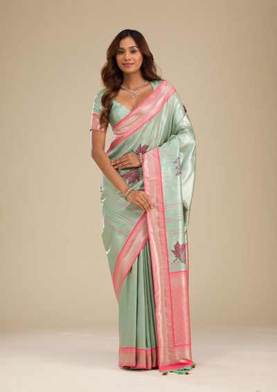 Pista Green Zariwork Soft Silk Saree-Koskii