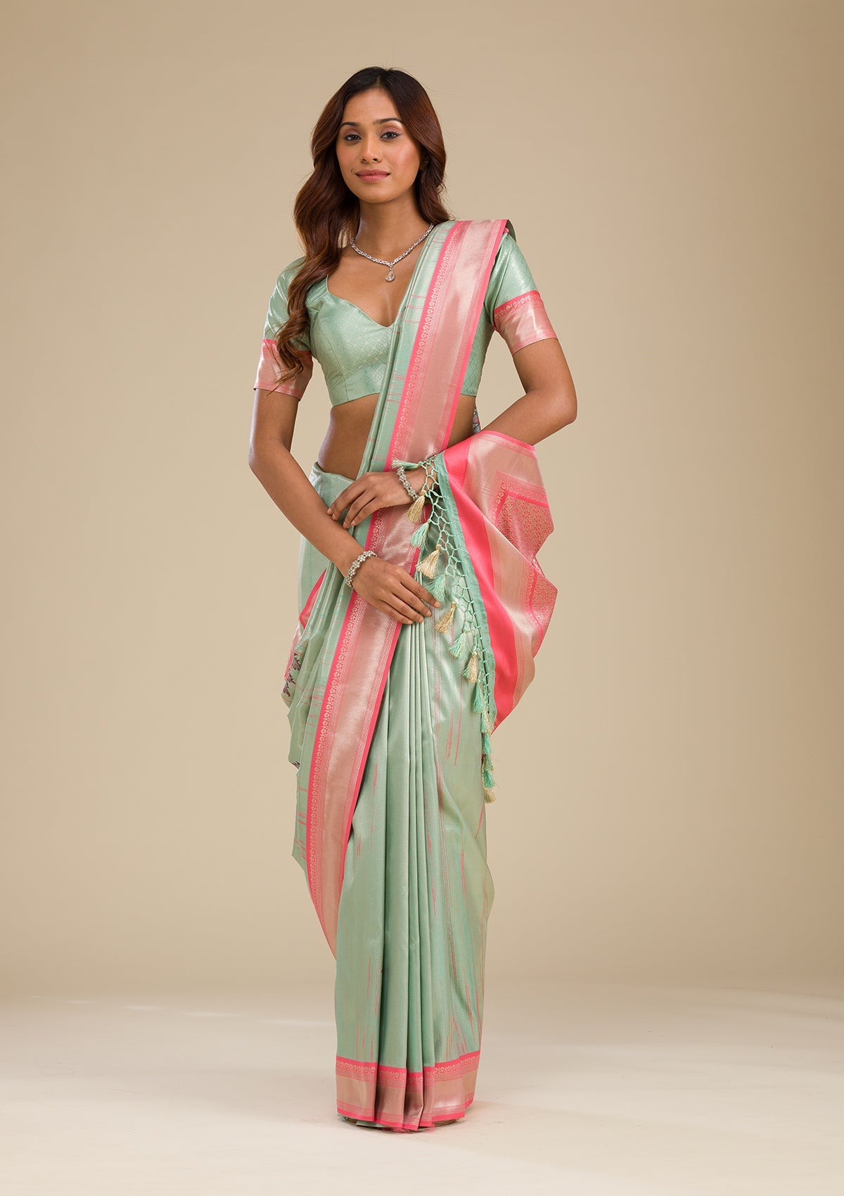 Pista Green Zariwork Soft Silk Saree-Koskii